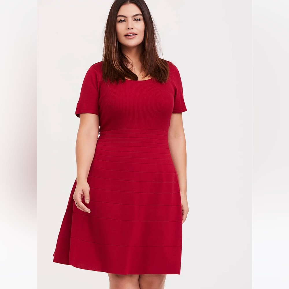 Torrid Red Mini Sweater Skater Dress Size 4x Rib Knit Bodice Short Sleeve